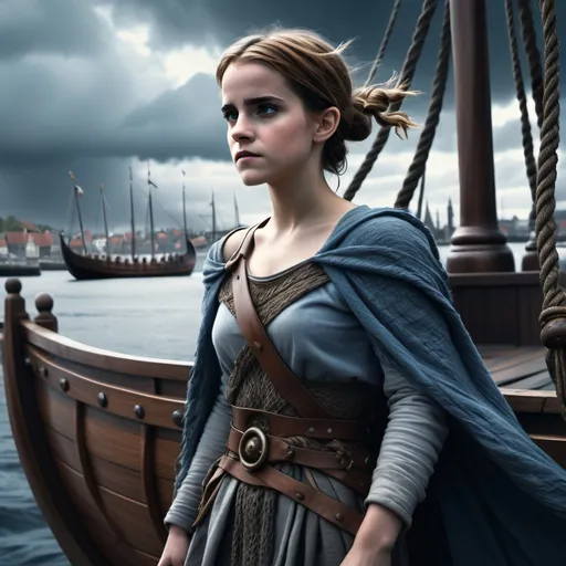 Prompt: (vivid depiction of Emma Watson as a Viking slave), majestic Viking ship in a bustling harbor, intricate wooden details, dramatic clouds overhead, (highly detailed facial expression), somber and resilient mood, cool grey and blue tones, wind gently rippling clothing, strategic shadows enhancing atmosphere, (4K ultra-detailed) texture and quality, historical authenticity in architecture, surrounded by rough sea waves.