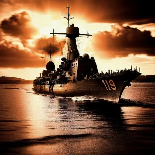 Prompt: 1944 world war 2 steampunk universe.
pearl harbour.
Sunset. 

old photograph of a HMS destroyer.

dramatic soft lighting.
