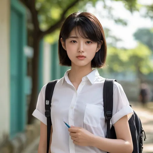 Prompt: 007 movie setting.  in public park. 
(((16 years old  soft heavenly beautiful asian girl as principle in a school hallways ))), boyish hair, small nose, small delicate lips, white blouse, black pensil tight short pants, short dark hair, flush cheeks, grossy lips.

warm smile, bright eyes, in love, happy.


 high quality, soft expression, dynamic lighting,   digital illustration, vibrant colors, 
, in love, perfect anatomy, highly detailed,((photorealistic)), ((hyperrealistic))

 (((full body))) 

128k resolution. 

 Zeiss Sonnar F 150mm f/2.8
 in the style of Paul Barson

