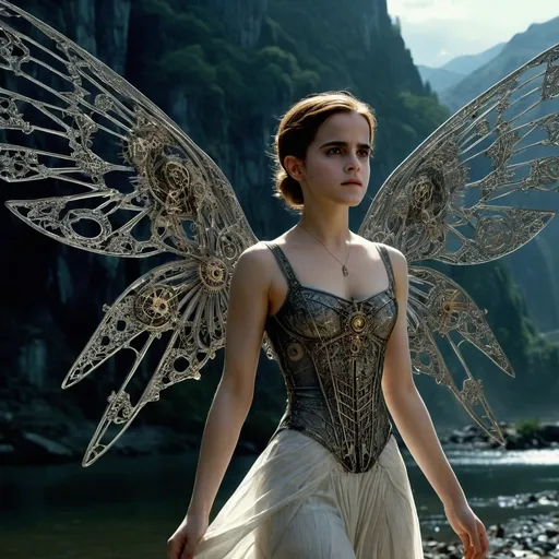 Prompt: 2100,  matrix movie.
europe, germany, riverside. mountain background.

emma watson is a (Clockwork angel), intricate mechanical wings, elegant gears intertwined, clockwork clothing and shoes, ethereal glow, wisps of steam, serene expression, halo of delicate cogs, set against a dark atmospheric background, faint glimmering lights illuminating, mystical, enchanting, highly detailed, fantasy art style, invoking a sense of wonder, 4K, ultra-detailed.