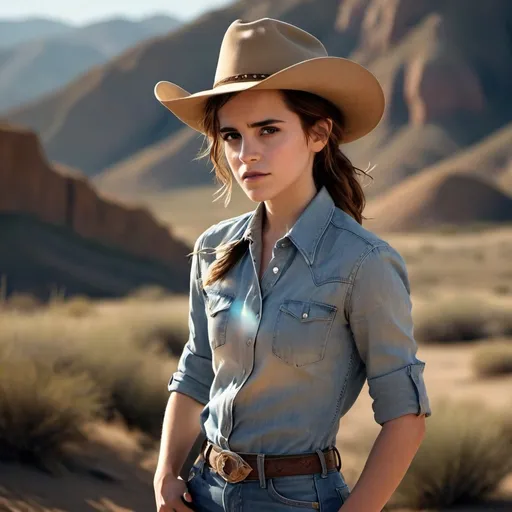 Prompt: Emma Watson as a (cow girl), wearing a classic western outfit, denim jeans and a cowboy hat, in a (dusty, sunlit) desert landscape, with rolling hills and a clear blue sky, evoking a (vintage western movie) feel, highlighting her determined expression, with warm sunlight creating striking (high contrast) shadows, (ultra-detailed) and (photorealistic) quality.