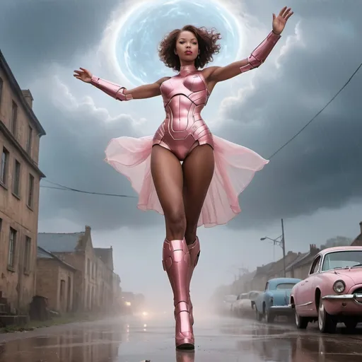 Prompt: year 1950, ironman universe,  normandy war zone, 
20  years old african version goddess aphrodite in pastel pink ironman full body uniform, high heel iron boots, blue eyes , with short brown hair, heavenly beauty,
 detail face, delicate body,  dance in the sky, mist surrounding, mystic atmosphere, raining
