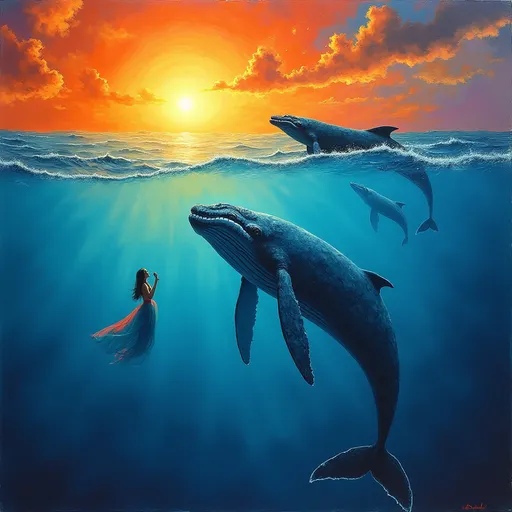 Prompt: （top left corner, blazing sun).
((Top right ), a blue whale),
Ocean below, (left side(woman singing))