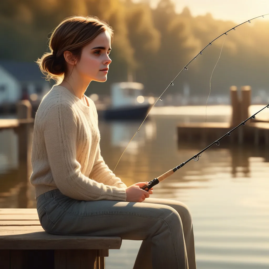 Prompt: (Emma Watson character), fishing on a sunlit wharf, serene and contemplative atmosphere, soft bokeh background creating a dreamy effect, gentle waves lapping at the side, warm golden hues reflecting off water, tranquil ambiance, nature surrounding, high detail, ultra-realistic rendering, captivating lighting, rich textures that evoke feeling and depth, nature's calmness personified.