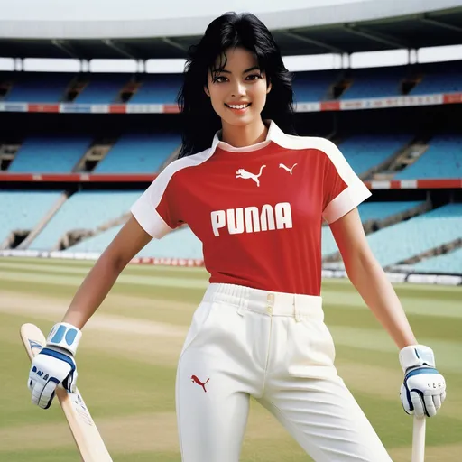 Prompt: Puma company advertising poster.  
british cricket,  stadium, michael jackson concert,
(full body portrait), beautiful heavenly cute female figure, (chinese descent), pilate, slit eye, hint of smile, showing defined abs, lithe strong body,  striking rimmed google,  (sports red and white layered shirts), bold use of color (black, red, blue, white), high-contrast composition,(ultra-detailed), stylish and modern vibe, striking visual contrasts, (high quality, 4K).