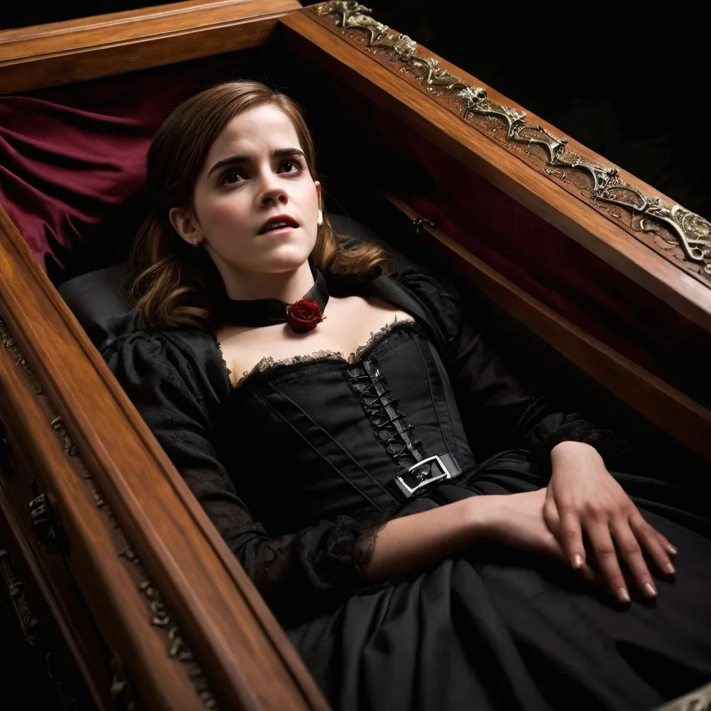 Prompt: in vampire movie world.

actress Emma watson lying in a coffin.