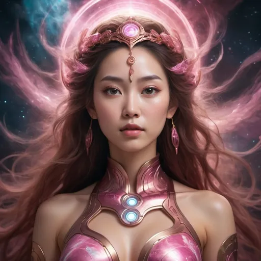 Prompt: chinese Goddess, pink ironman uniform, floating in the universe,  Pre-Raphaelite time-lapse motion blur Abstract* cyber graffiti, High resolution, detailed portrait, Midjourney style, ethereal atmosphere, flowing hair, captivating eyes, cosmic mystical aura, vibrant colors, soft lighting, professional, digital painting, enchanting presence, fantasy, dreamy, female, mystical, detailed hair, captivating gaze, professional lighting, hyper realistic, HD 4k 3D, professional modeling, ethereal, gorgeous face, ambient divine glow, detailed and intricate, elegant, ethereal, mythical, goddess, radiant lighting, majestic, goddesslike aura