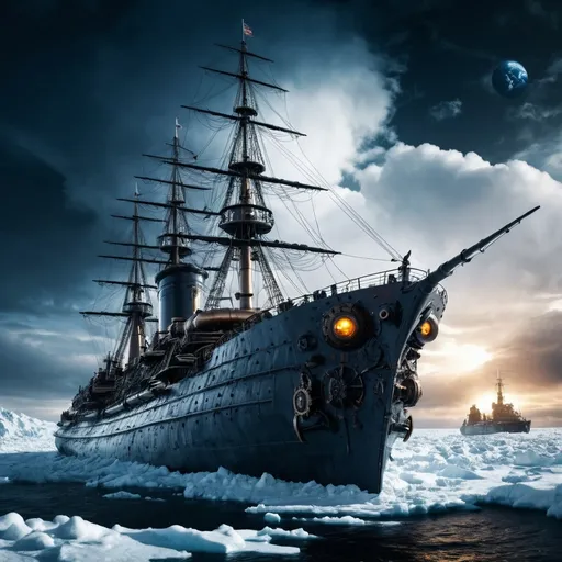 Prompt:  snow-covered high sea, steampunk ironclad HMS destroyer, cold,  planet earth on the sky, high contrast, dramatic atmosphere,  earth behind the ship,  (epic scene), (4K), ultra-detailed, ready for battle, conveying strength and resilience, mystical energy emanating from her presence.