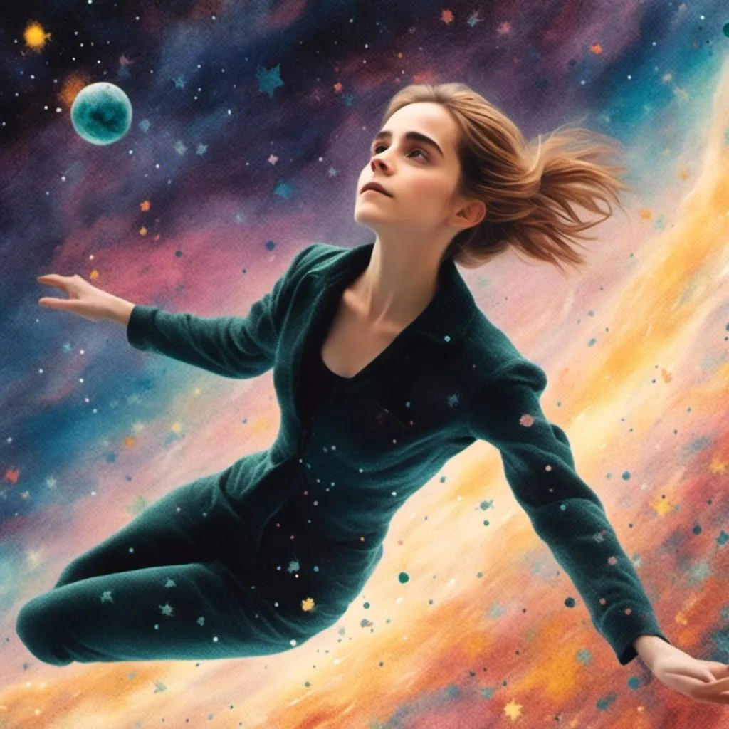 Prompt: <mymodel> 
in the space void, Between the sun and earth.

Emma Watson floating in space.

dynamic. mystic.