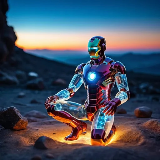 Prompt: on the moon surface.

(glowing, transparent glass sculpture of a peaceful iron man, vibrant colors, (heavenly atmosphere),  cozy flickering fireplace in the background, ethereal lighting, serene and tranquil vibe, high detail, ultra-detailed, 4K quality.

 Wallpaper art, liquid design in the background, biomes, , peaceful, alps,  blue earth,  Gaia, earth neurotransmitter, pearlescent, high plains graphic, forming Nueral atoms the 2nd dimension in our hand, high plains, biopunk.