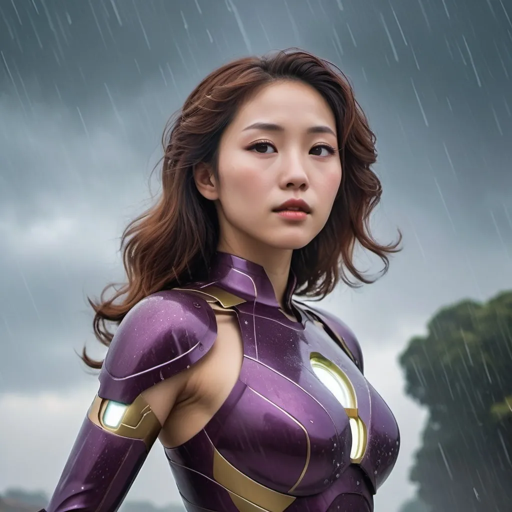 Prompt: year 1950, ironman universe,  normandy war zone, 
20  years old asian korean version goddess aphrodite in purple ironman uniform, with short brown hair, heavenly beauty,
 detail face, delicate body,  dance in the sky, mist surrounding, mystic atmosphere, raining
