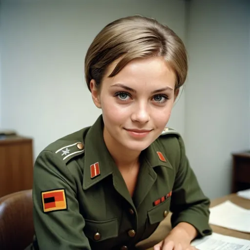 Prompt: 1970,

a heavenly Megan Edwards
Model and actress
, german army uniform,  in a war planning room.
wet short hair, cute ,  innocent , hide smile,
 lithe strong .
high detail 128k full body portrait photo.

