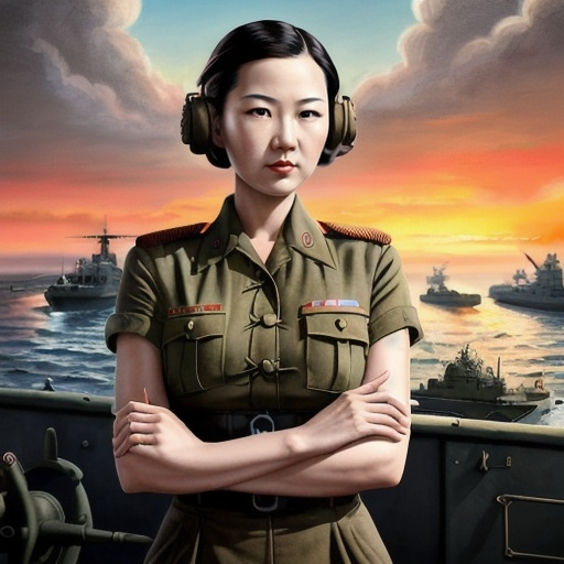 Prompt: 1944 world war 2 universe.
on the york aircraft carrier deck.
Sunset. digital painting, vivid color,
Chinese female commander   standing in front of a a deck gun.

short air, boyish nose, determine focus to fight for country.
sharp focus on face. Heavenly beauty.
short sleeves blouse, pencil skirt.

dramatic soft lighting.
