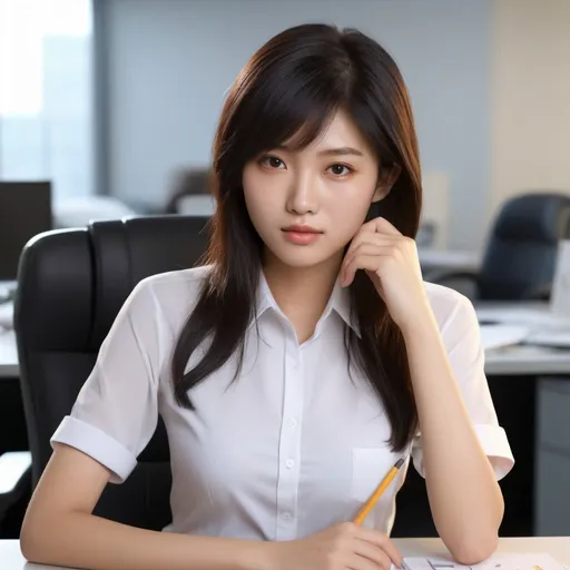 Prompt: 007 movie setting.  in an old smokey office.
(((20 years old  soft heavenly beautiful asian girl as secretary in a office ))), boyish hair, small nose, small delicate lips, white blouse, black pensil tight skirt, short dark hair, flush cheeks, grossy lips.

warm smile, bright eyes, in love, happy.


 high quality, soft expression, dynamic lighting,   digital illustration, vibrant colors, 
, in love, perfect anatomy, highly detailed,((photorealistic)), ((hyperrealistic))

 (((full body))) 

128k resolution. 

 Zeiss Sonnar F 150mm f/2.8
 in the style of Paul Barson

