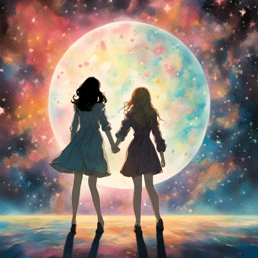 Prompt: <mymodel> 
in the space void, Between the sun and earth.

witch megan fox holding hand with Emma Watson in space.