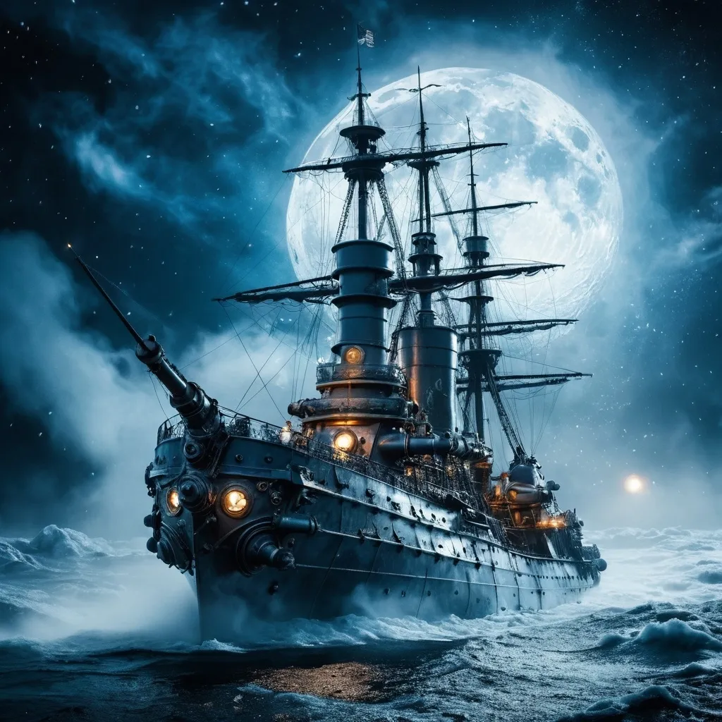 Prompt:  snow-covered high sea, steampunk ironclad HMS destroyer, cold, ethereal mist, icy blue tones, high contrast, dramatic atmosphere,  galaxy behind the moon, surrounded by swirling mist, (epic scene), (4K), ultra-detailed, ready for battle, conveying strength and resilience, mystical energy emanating from her presence.