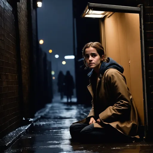 Prompt: London city,
,midnight,
raining,
dark alley for homeless,

emma  watson is a homeless girl in the subway hide out alone.
in a cardboard house. 
poor and helpless.