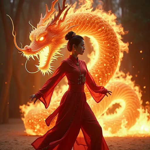 Prompt: photorealistic digital photograph, (Chinese kungfu pop woman) fire dragon devour a woman