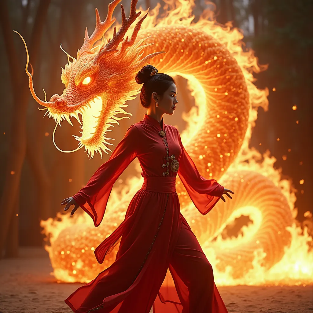 Prompt: photorealistic digital photograph, (Chinese kungfu pop woman) fire dragon devour a woman