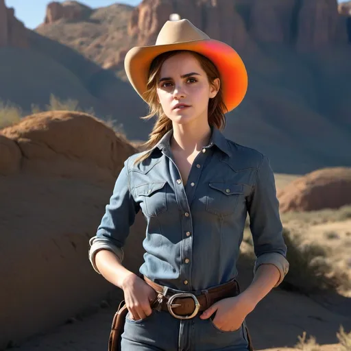 Prompt: Emma Watson as a (cow girl), wearing a classic western outfit, denim jeans and a cowboy hat, in a (dusty, sunlit) desert landscape, with rolling hills and a clear blue sky, evoking a (vintage western movie) feel, highlighting her determined expression, with warm sunlight creating striking (high contrast) shadows, (ultra-detailed) and (photorealistic) quality.