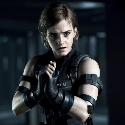 Prompt: photorealistic, (Emma Watson as Alice from Resident Evil), high-definition, tense atmosphere, intense facial expression, edgy combat outfit, featuring futuristic gadgets, dimly lit background, shadows emphasizing suspense, thrilling action scene, captivating and detailed, dramatic contrasts, vibrant highlights on elements against darker tones, immersive composition, cinematic quality.