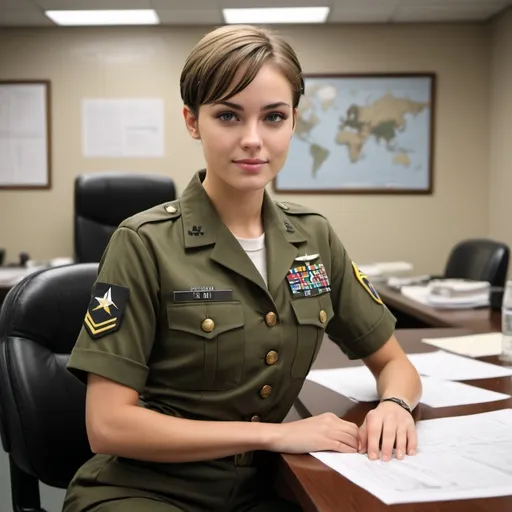 Prompt: 2024,

a heavenly Megan Edwards
Model and actress
,us army uniform,  in a war planning room.
wet short hair, cute ,  innocent , hide smile,
 lithe strong .
high detail 128k full body portrait photo.

