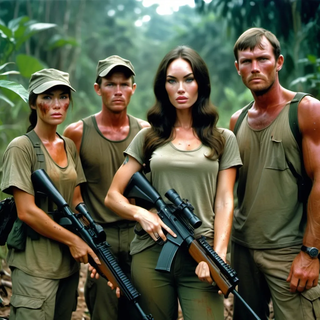 Prompt: 1970.
vietnam jungle,
megan fox is an american female sniper. photo with a group of GIs.
intensive glare. long sniper rifle.
dirty torn small t-shirt show abs.