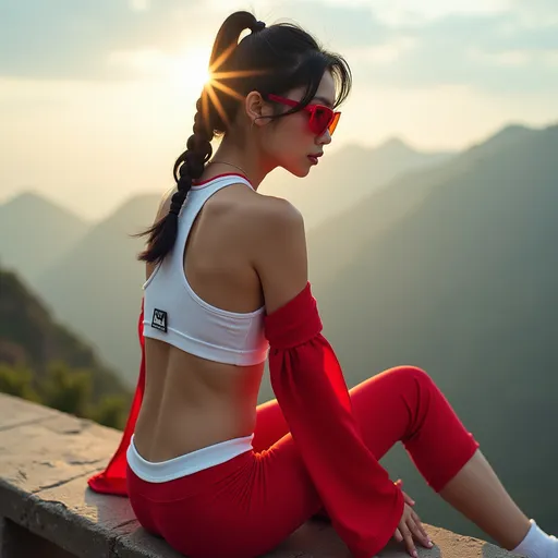 Prompt: Puma company advertising poster.  
siting on a bench, on top of a cliff,
(full body portrait from the back),  halo light on character,  beautiful heavenly cute female figure, (chinese descent), Pilate, slit eye, hint of smile, showing defined abs, lithe strong body,  striking rimmed google,  (sports red and white layered shirts), ,  high-contrast composition,(ultra-detailed), stylish and modern vibe, striking visual contrasts, (high quality, 4K).