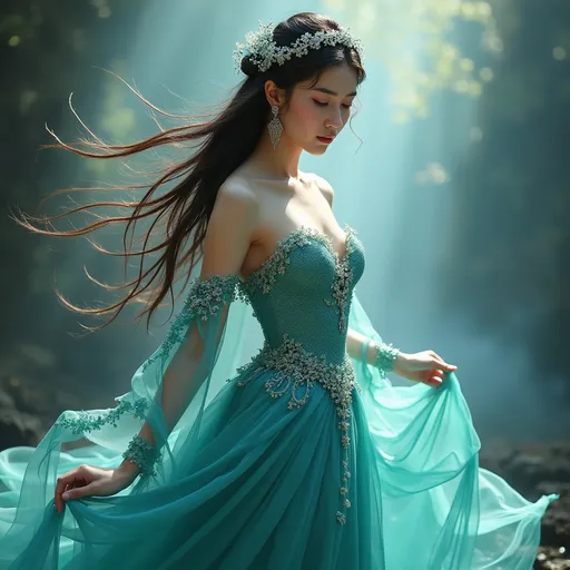 Prompt: beautiful asian, The fairy princess of turquoise.  in stunning digital photography, by Mark Arian, beautiful fantasy art, breathtaking fantasy photography, romanticism photograph style, portrait of goddess. Ultra-detailed.