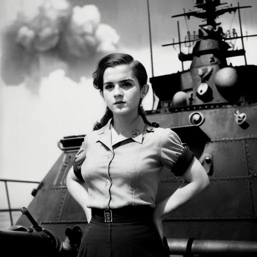 Prompt: 1944 world war 2 universe.
pn the yamato warship.
German SS panzer tank commander  {{emma watson}} standing in front of a a deck gun.
Beautiful emma watson female commanding officer.

short sleeves blouse, pencil skirt.

dramatic soft lighting.
