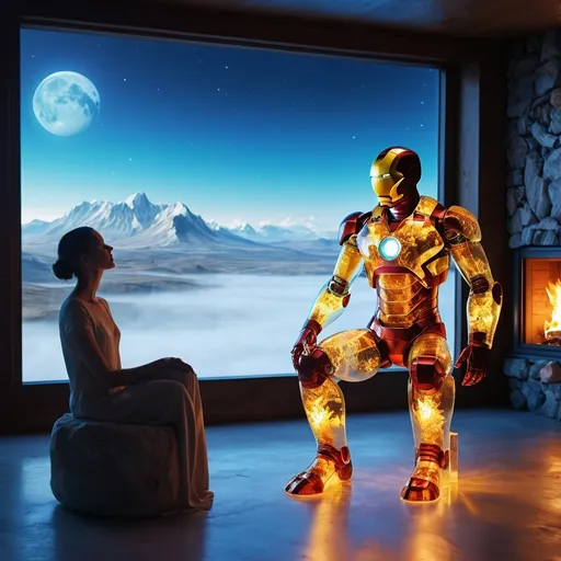 Prompt: on the moon surface.

(glowing, transparent glass sculpture of a peaceful iron man, vibrant colors, (heavenly atmosphere),  cozy flickering fireplace in the background, ethereal lighting, serene and tranquil vibe, high detail, ultra-detailed, 4K quality.

 Wallpaper art, liquid design in the background, biomes, , peaceful, alps,  blue earth,  Gaia, earth neurotransmitter, pearlescent, high plains graphic, forming Nueral atoms the 2nd dimension in our hand, high plains, biopunk.