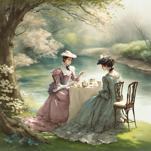 Prompt: <mymodel>  a victorian lady drinking tea. trees. spring garden.river