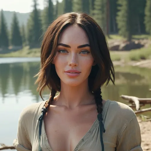 Prompt: masterpiece, best quality, a  megan fox farm girl  in forest next to a lake, high quality, unreal engine 4k. short flowing hair ties in bund. .  warm smiles.   Pastel color tones.  , Picasso style,