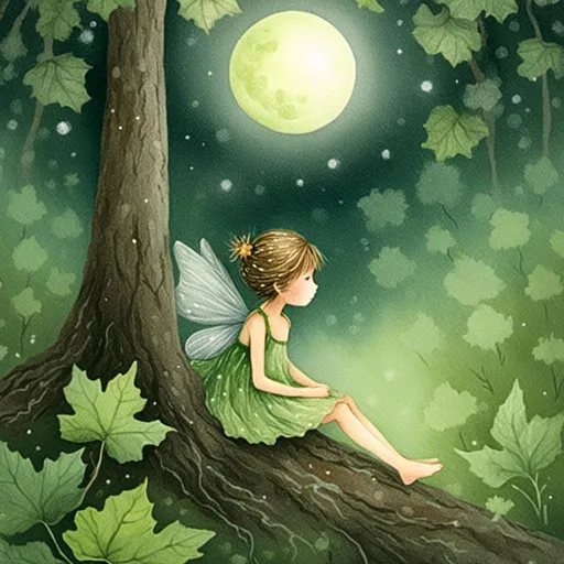 Prompt: <mymodel> a super tiny fairy girl sitting on a green leaf plant, tiny fairy.  in a big dark forest.  moon light from a old forest tree left side. detail forest