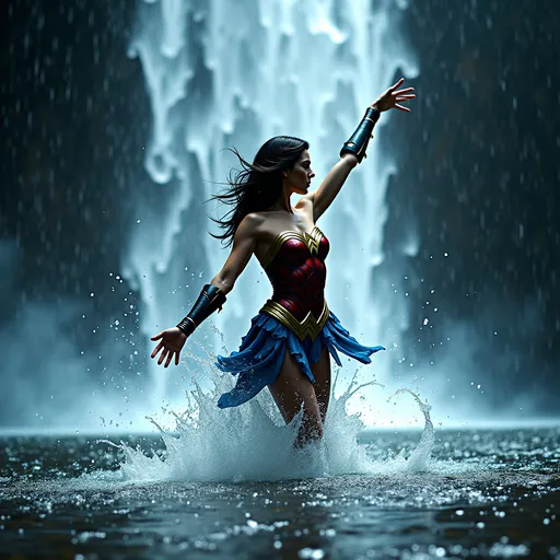 Prompt: (photorealistic) Batman universe, wonder woman ballet dancing gracefully in the midst of a stunning waterfall, ((face breakout from the water)).,long exposure capturing her movement, (perfect studio lighting), (impeccable contrast), HDR, UHD, high res, 64k resolution, ethereal ambiance, cinematic lighting showcasing water droplets, shimmering reflections, magical atmosphere,  