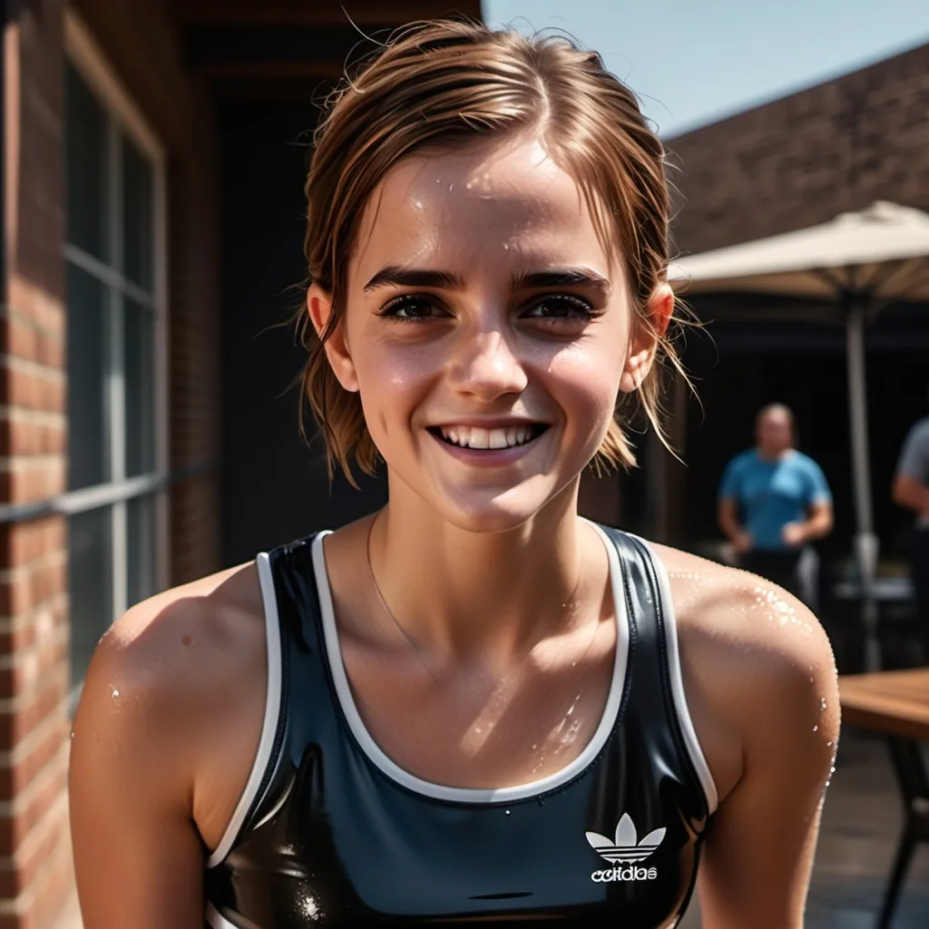 Prompt: (Emma Watson), (cute bright smile expression), wearing a wet, adidas 
sports outfit that exudes glamour and allure, 
Front patio of urban Texas . Sunny.  
 quality 4K, ultra-detailed, moody ambience, evoking intrigue and tension.