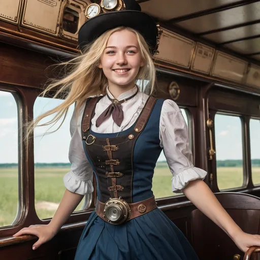 Prompt: year 2030,
  steampunk world. space craft, view from outside,
(Amish 22 year-old young lady), running on a steam train.
slim and cute figure, long blonde hair , shy yet expressive smile,  soft natural lighting,  detailed facial features capturing youthfulness, wearing traditional steampunk clothes, high definition, ultra-detailed. space battleship deck, view of galaxy, 
high detail 128k full body portrait photo.

