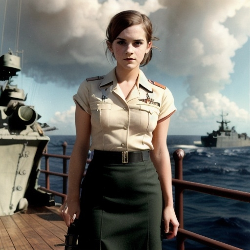 Prompt: 1944 world war 2 universe.
on the yamato japan warship.
German SS panzer tank commander  {{emma watson}} standing in front of a a deck gun.
Beautiful emma watson female commanding officer.

short sleeves blouse, pencil skirt.

dramatic soft lighting.
