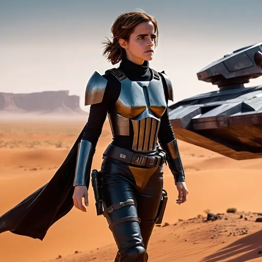 Prompt: (starwars movie scene),  God's view, (stunning beautiful cute emma wATSON  in bounty hunter outfit), hover craft ,  breathtaking digital landscape, futuristic desert imbued with raindrops, dramatic contrasts, vibrant colors accentuate the action, tense ambiance, high-intensity mood, (4K ultra-detailed), cinematic lighting creates depth, bold shadows, innovative architecture unfolding in the background, a blend of reality and illusion, mesmerizing visual storytelling.