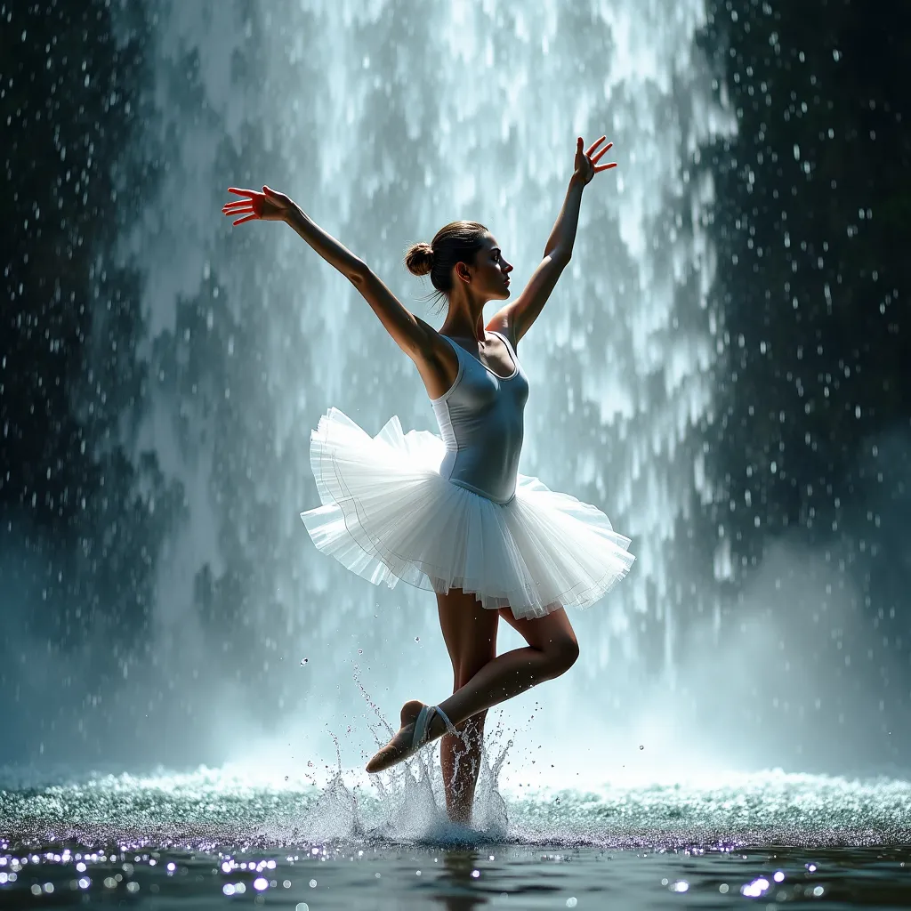 Prompt: (photorealistic) white heavenly beautiful angels, ballet dancing gracefully in the midst of a stunning waterfall, ((face breakout from the water)).,long exposure capturing her movement, (perfect studio lighting), (impeccable contrast), HDR, UHD, high res, 64k resolution, ethereal ambiance, cinematic lighting showcasing water droplets, shimmering reflections, magical atmosphere,  