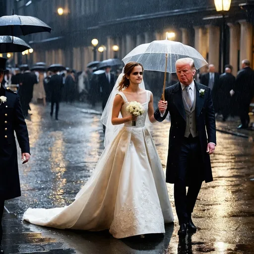 Prompt: London city, 
,midnight,
raining,
bride emma  watson wedding ceremony, groom is donna trump.