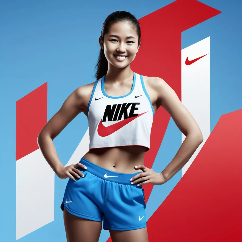 Prompt: Nike company advertising poster.  (JUST DO IT)
(full body portrait), beautiful heavenly cute female figure, (asian descent), hint of smile, showing defined abs, lithe strong body,  striking rimmed google,  (sports red and white layered shirts), bold use of color (black, red, white), high-contrast composition,  (studio light blue from right) ,  (studio light white from left side), (ultra-detailed), stylish and modern vibe, striking visual contrasts, (high quality, 4K).