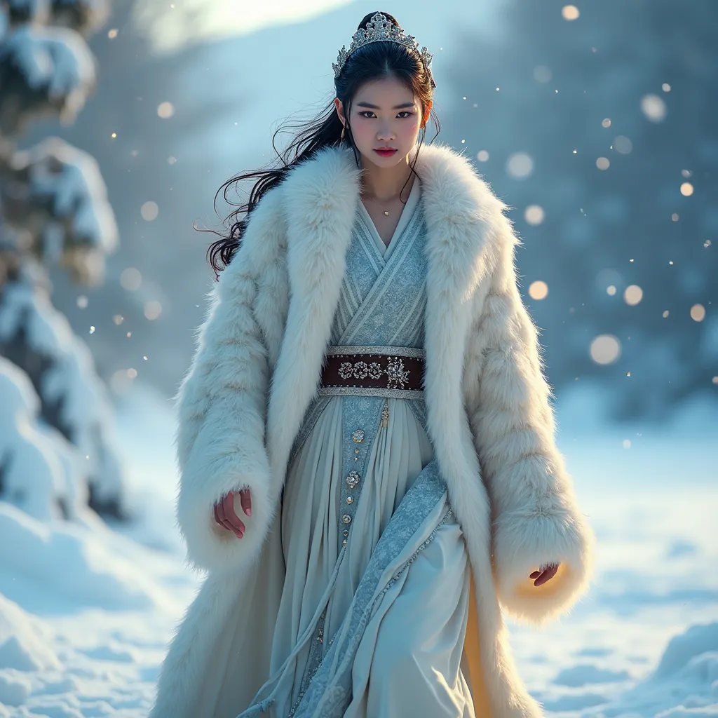 Prompt: Star Wars characters as (gorgeous Asian queen), showcasing majestic and intricate costumes inspired by official lore, set against a breathtaking winter landscape adorned with sparkling snowflakes, running on frozen lake,  ethereal icy blue tones, warm golden highlights reflecting on fur-trimmed garments, (4K), ultra-detailed, capturing an enchanting atmosphere of regal elegance and winter wonder, marvel at their detailed expressions and imposing presence.