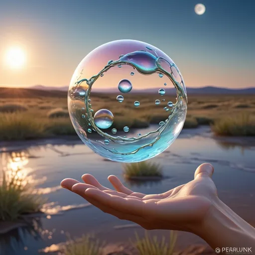 Prompt:  Wallpaper art, liquid design in the background, biomes, , peaceful, ocean, suoer moon, overlaying watermark neurotransmitter, pearlescent, high plains graphic, forming Nueral atoms the 2nd dimension in our hand, high plains, biopunk, first person perspective, 
