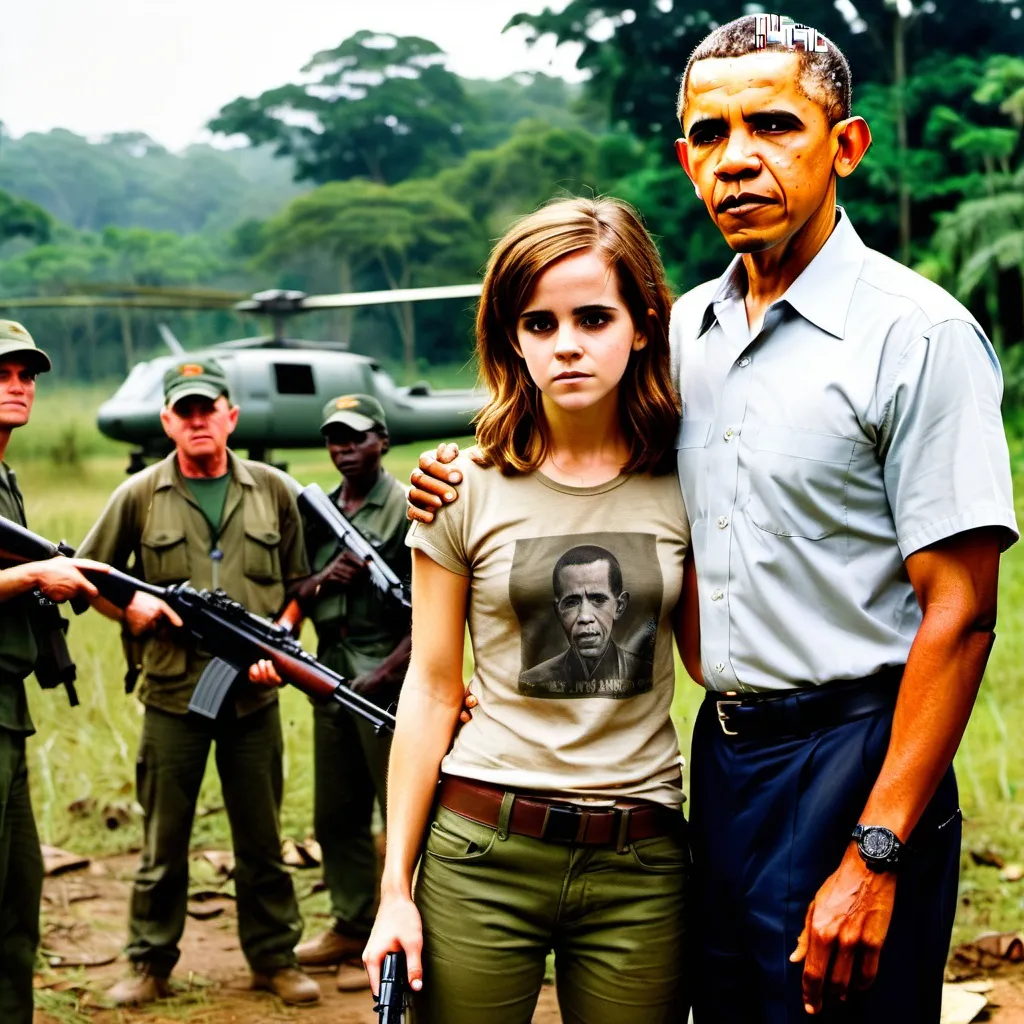 Prompt: 1970.
vietnam jungle,
emma watson is an american female sniper. photo standing with president obama on an american firebase. 
((donald trump in the background.))
intensive glare. long sniper rifle.
dirty torn small t-shirt show abs.