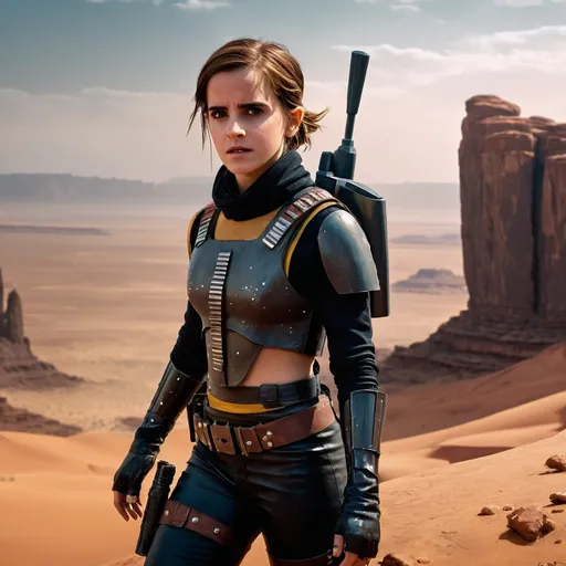 Prompt: (starwars movie scene),  God's view, (stunning beautiful cute emma wATSON  in bounty hunter outfit), jump off a building,  breathtaking digital landscape, futuristic desert imbued with raindrops, dramatic contrasts, vibrant colors accentuate the action, tense ambiance, high-intensity mood, (4K ultra-detailed), cinematic lighting creates depth, bold shadows, innovative architecture unfolding in the background, a blend of reality and illusion, mesmerizing visual storytelling.