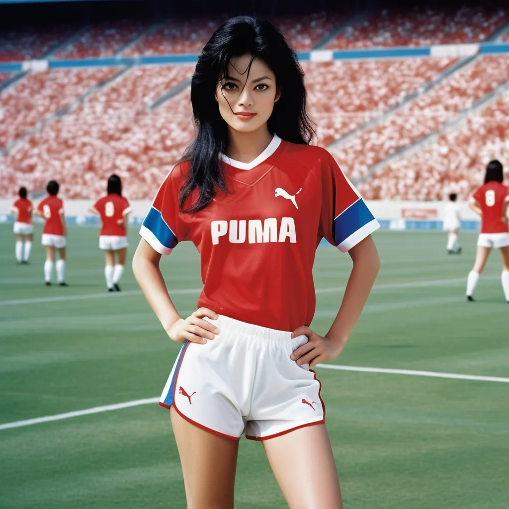 Prompt: Puma company advertising poster.  
soccer field,  stadium, michael jackson concert,
(full body portrait), beautiful heavenly cute female figure, (chinese descent), pilate, slit eye, hint of smile, showing defined abs, lithe strong body,  striking rimmed google,  (sports red and white layered shirts), bold use of color (black, red, blue, white), high-contrast composition,(ultra-detailed), stylish and modern vibe, striking visual contrasts, (high quality, 4K).