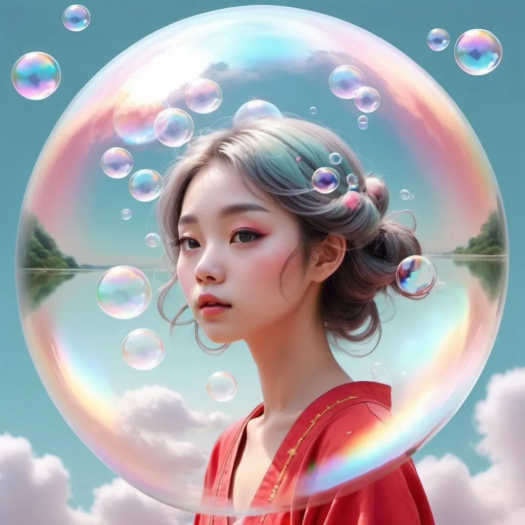 Prompt: pastel color. nagomi colour blend.  bubbles. reflection.  chinese fairy  inside bubble. full body in detail. flying dream scape. realistic photos. face close to each other.  dreamy eye.  red cheek. sweats.  no back ground.  floating in sky