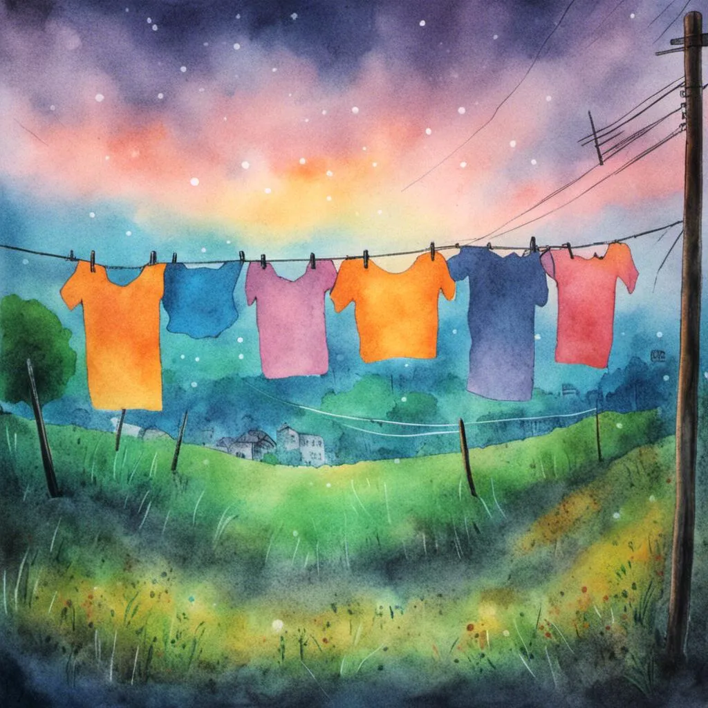 Prompt: <mymodel> 2024,  evening.
colour t-shirt on clothes line drying.


mysterious atmosphere.