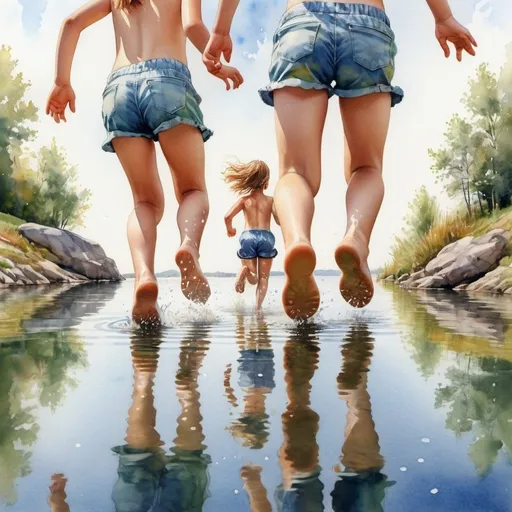 Prompt: Three boys two girls running towards the lake.  Jumping into glittering water.  Detail reflection.  From bottom view up from their leg.   Fulll detail body view.  From back. Water colour
